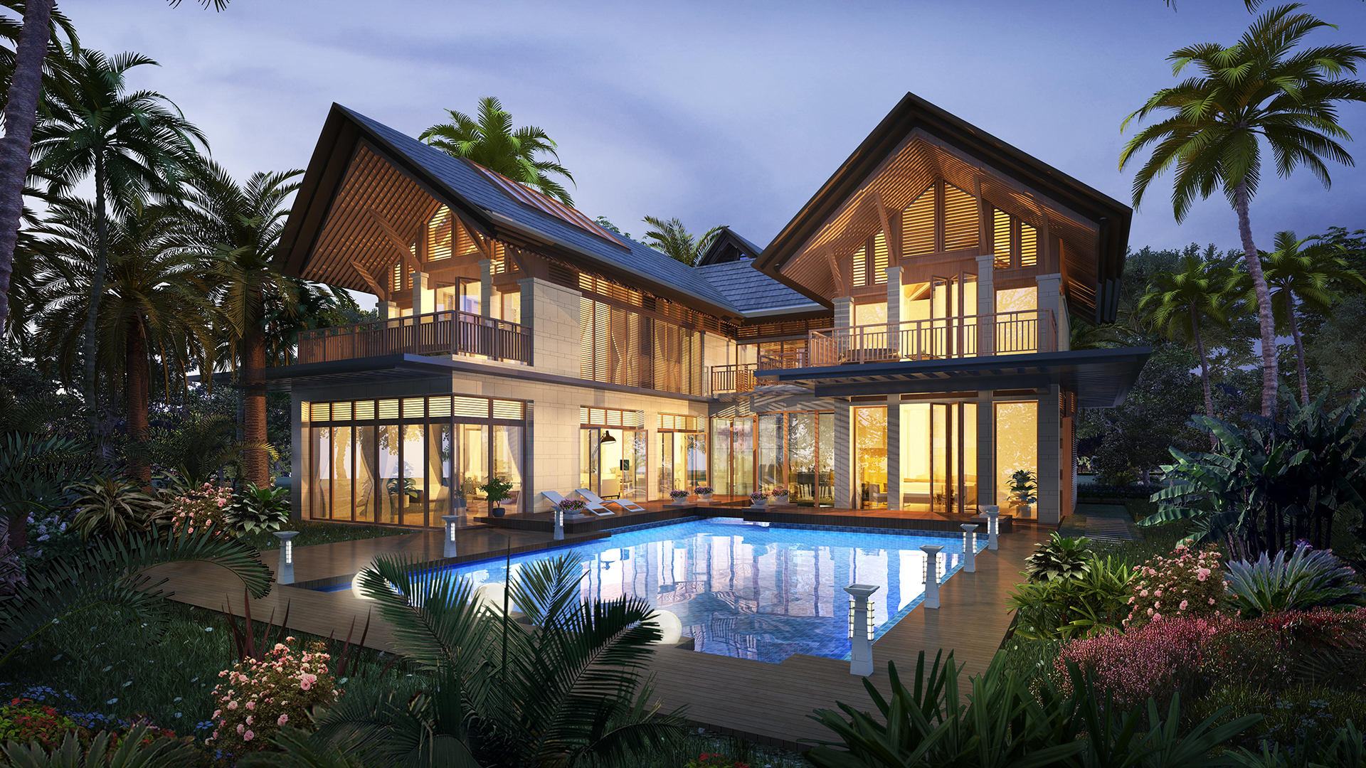 a large villa with a pool in front of it.